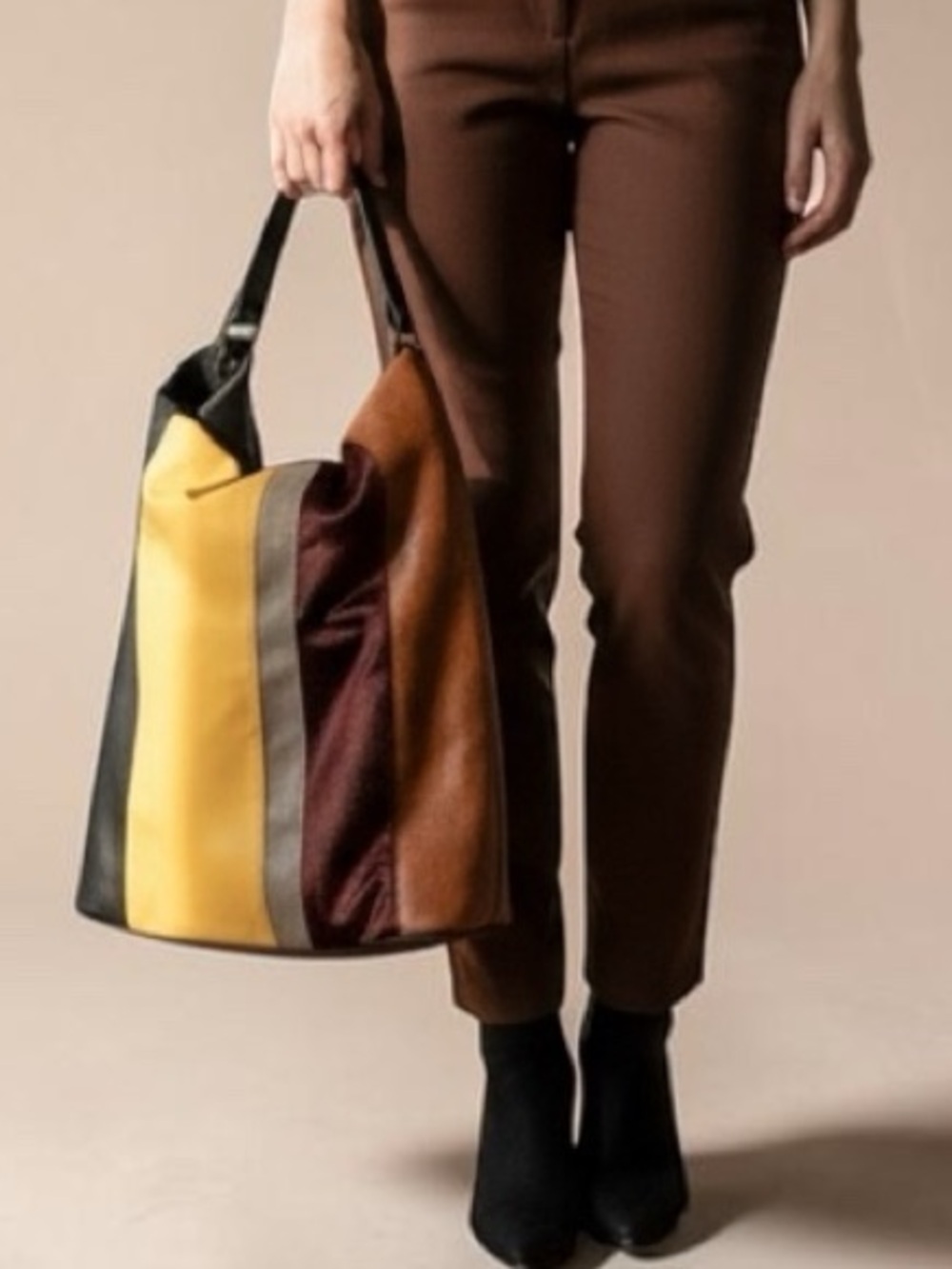 Multi-Stripe Bohemian Core Slouchy Shoulder Bag in Yellow, Brown & Black